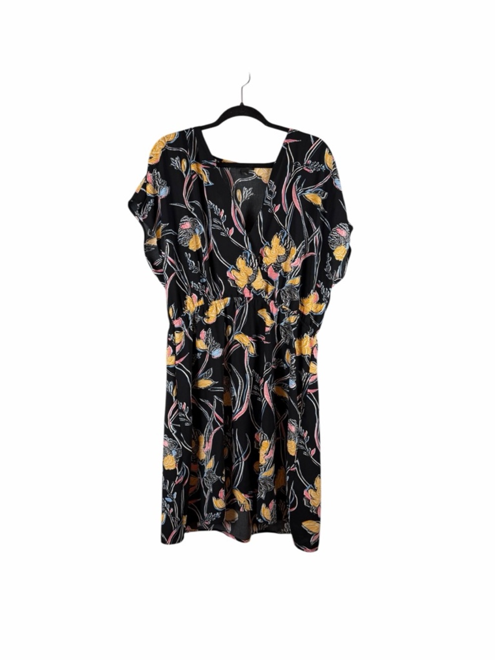 Halogen Black Floral Print Midi Dress Yellow Pink Blue Size XL